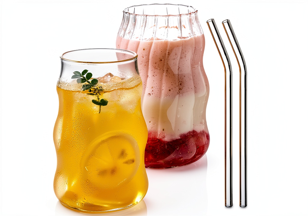 JINNTHE glass cups set displayed with straws on a kitchen counter