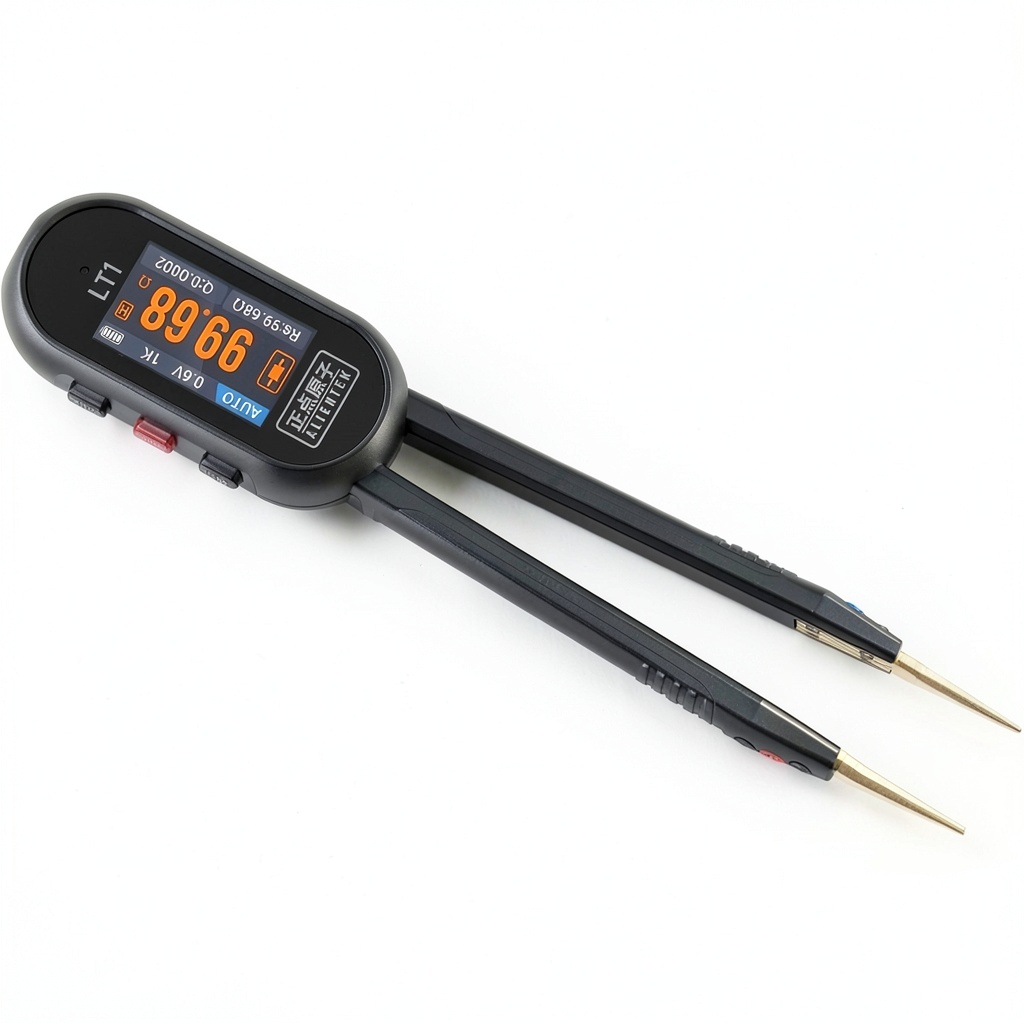 ALIENTEK LT1 LCR tweezers tester displaying measurements on a circuit board