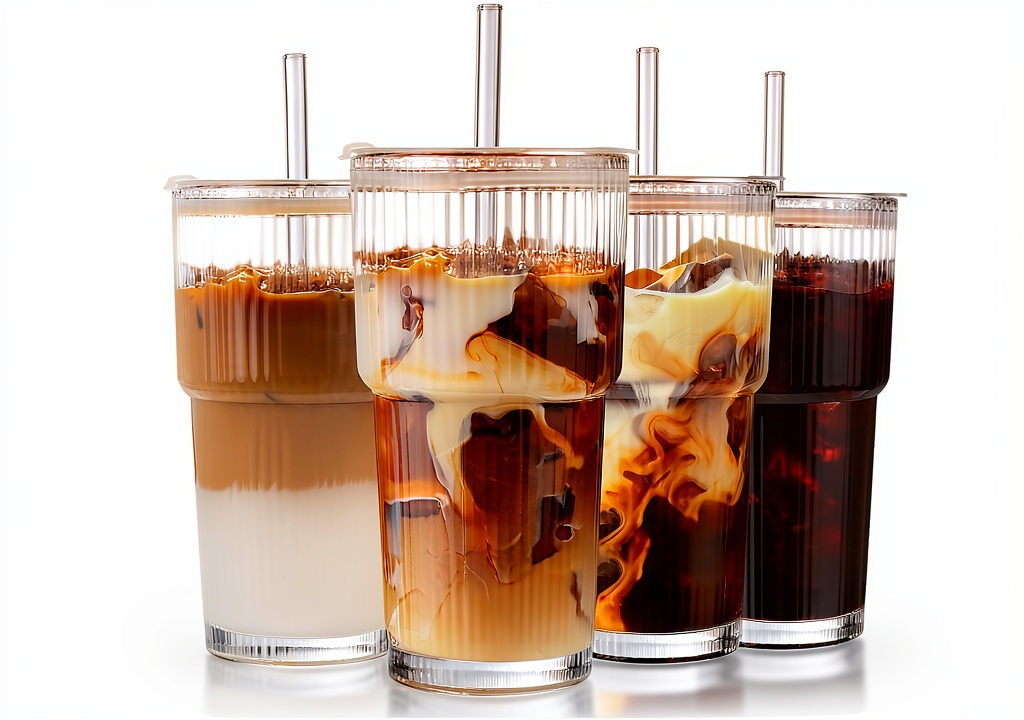 DWTS DANWEITESI 20oz ribbed glass cups with lids and straws displayed on a wooden kitchen counter