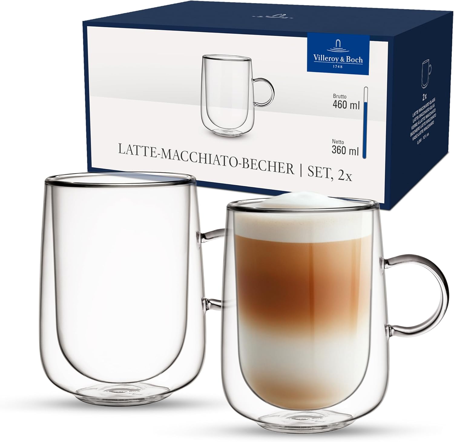 Villeroy Boch double-walled latte glass set displayed on a kitchen countertop