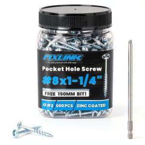 Pocket Hole Screws 1-1/4 Inch, FIXLINK Pocket Screws #8 X 1-1/4", 600 PCS, Zinc Coated Pocket Hole Screw for Indoor Outdoor, Square Drive, 150MM Drive Bit Included-0