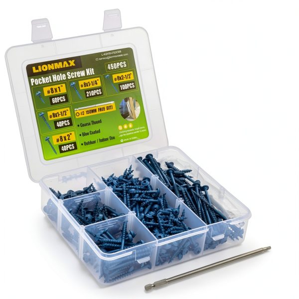 LIONMAX Pocket Hole Screws Assortment Kit, 450 PCS in 5 Sizes, 8 x 1, 1-1/4", 1-1/2", 2", 2-1/2", Blue Anti-Rust Coated Pocket Hole Screws for Exterior, Square Drive, 150MM Drive Bit Included-2