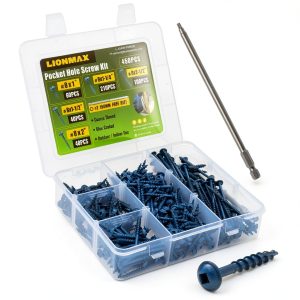 LIONMAX Pocket Hole Screws Assortment Kit, 450 PCS in 5 Sizes, 8 x 1, 1-1/4", 1-1/2", 2", 2-1/2", Blue Anti-Rust Coated Pocket Hole Screws for Exterior, Square Drive, 150MM Drive Bit Included-0